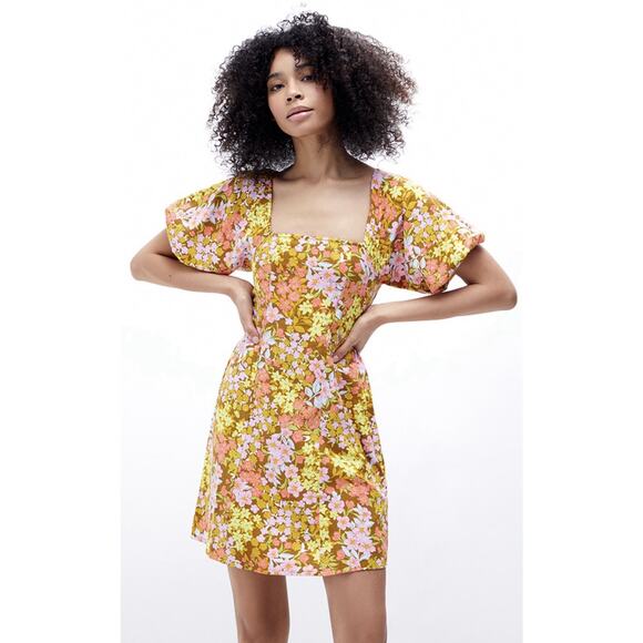 BILLABONG Moss Paradise Floral Square Neck Smocked Puff Sleeve Mini Dress Sz S - Picture 1 of 11